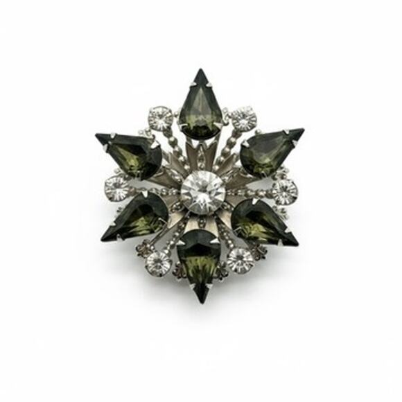 1950s Starburst Brooch-Silver Tone-Gray Olive Rhinestone-Vintage-Mid Century-Pin - Picture 1 of 6